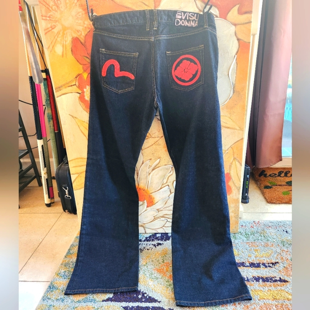 VTG EVISU DONNA Blue Denim Jeans Red EMBROIDERY 5 Pocket Logo Luxury 30 NWT